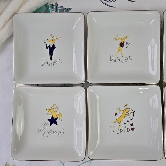 8 pc Pottery Barn Reindeer Appetizer Snack Cookie Plates Silver Trim 6.5" Square - Picture 3 of 7